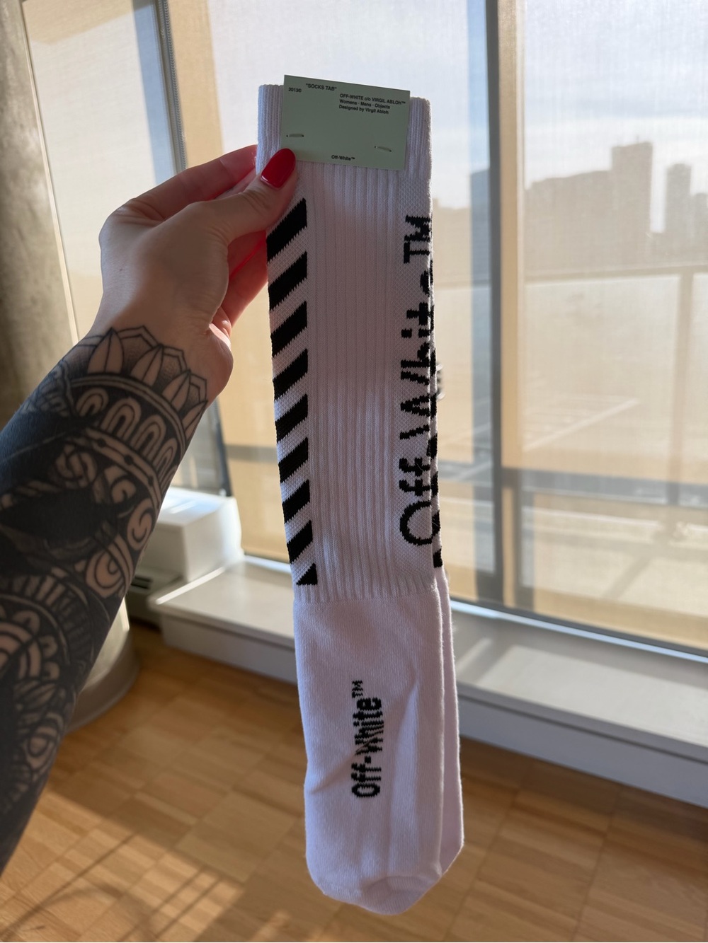 Off-White White Crew Socks with Black Diagonal Stripes